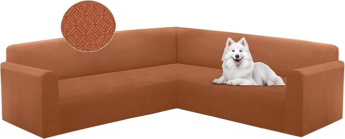 HDCAXKJ Sectional Couch Cover L Shape Stretch Sofa Covers Washable Jacquard Corner Couch Slipcover Non Slip Sectional Slip Cover U Shaped Furniture Protector for Pets Dogs (Rust Red, X-Large)