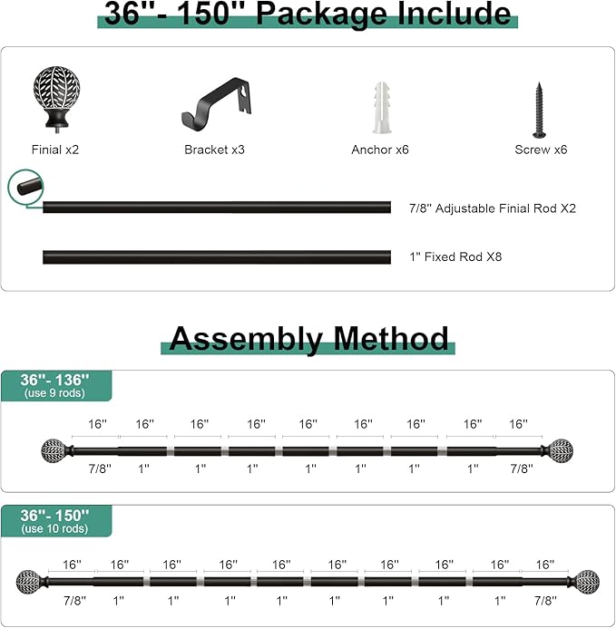 Black Curtain Rods for Windows 72 to 144 Inch,1'' Diameter Drapery Rods with Leaf Pattern Finials,Decorative Adjustable Heavy Duty Curtain Rods Set,36-150''