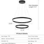 Modern Led Chandelier, 2 Rings Contemporary Chandelier Circular Pendant Light, Black Dimmable Hanging Ceiling Light Fixture for Living Dining Room