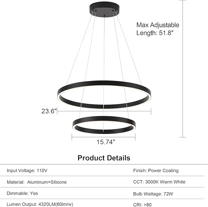 Modern Led Chandelier, 2 Rings Contemporary Chandelier Circular Pendant Light, Black Dimmable Hanging Ceiling Light Fixture for Living Dining Room