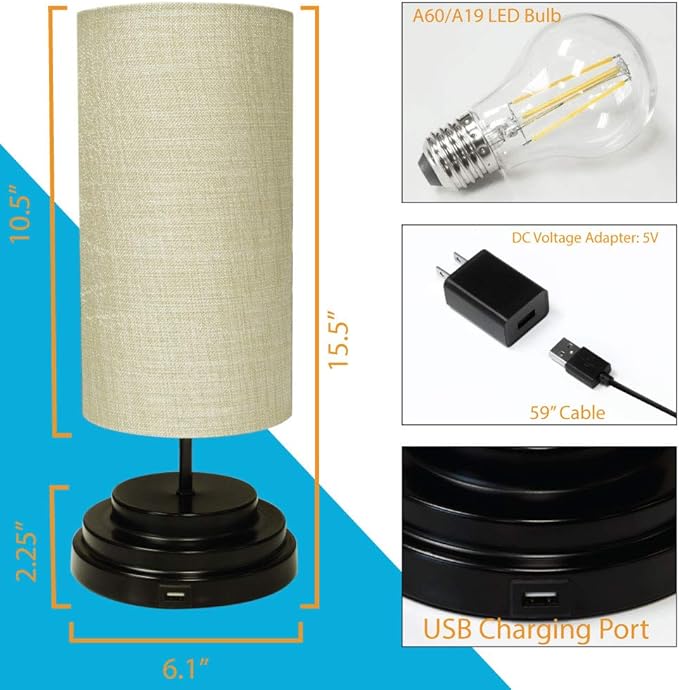 AULTRA LED Touch Table LAMP - Table Lamp Shade with Dimmable Touch Control Features & Phone Charging Port Used for Nightstand, Desk Lamp, & Bedroom Decor Light w/Adapter