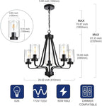 5-Lights Modern Chandelier with Clear Glass Shades, Black Farmhouse Pendant Lighting for Dining Room Kitchen Island Ceiling Light Fixture Haning Over Table