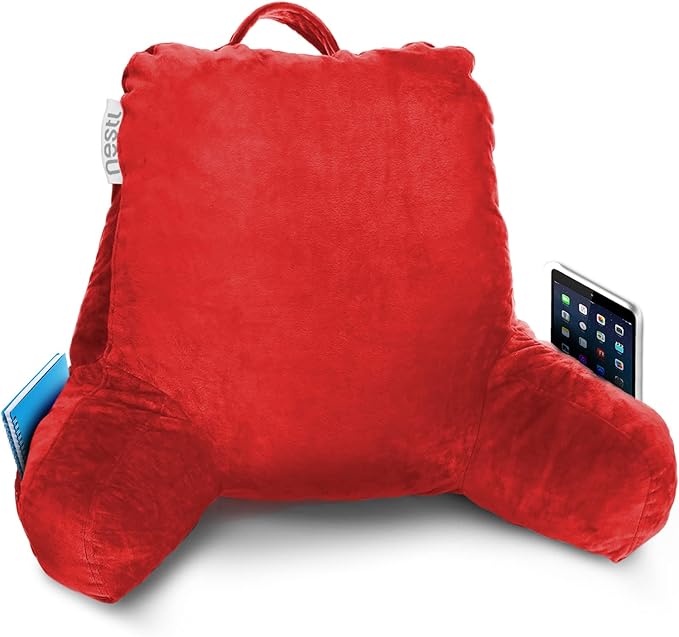 Nestl Reading Pillow Standard Bed Pillow, Back Pillow for Sitting in Bed Shredded Memory Foam Chair Pillow, Reading & Bed Rest Pillows Cherry Red Back Pillow for Bed, Bed Chair Arm Pillow with Pockets