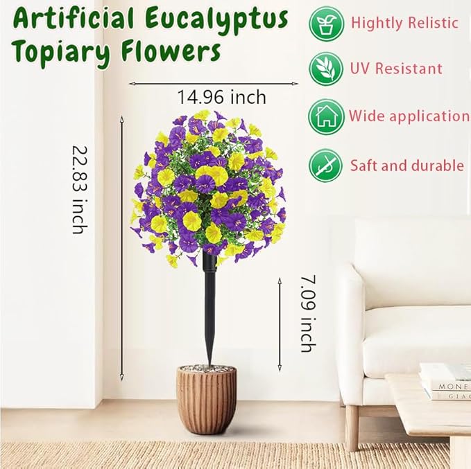 22.8" Set of 2 Fall artificial Boxwood topiary Ball tree for outdoors with Spike,UV Resistant Faux Shrubs Outdoor with morning glory flowers,Faux Plants Bushes for Garden Porch Yard Patio Decor YP