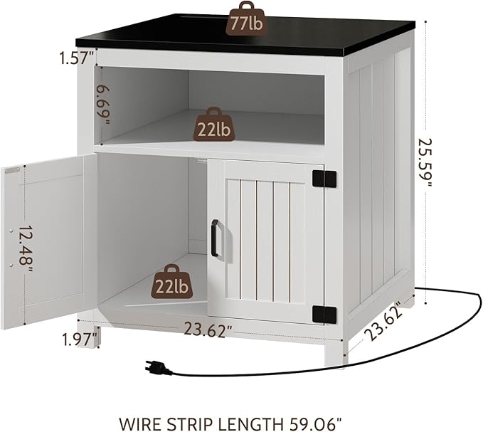 Farmhouse End Table with Charging Station, 24" Large Side Table with Open Shelf and Storage Cabinet, Wood Square Bedside Table Nightstand for Living Room, Bedroom (White)