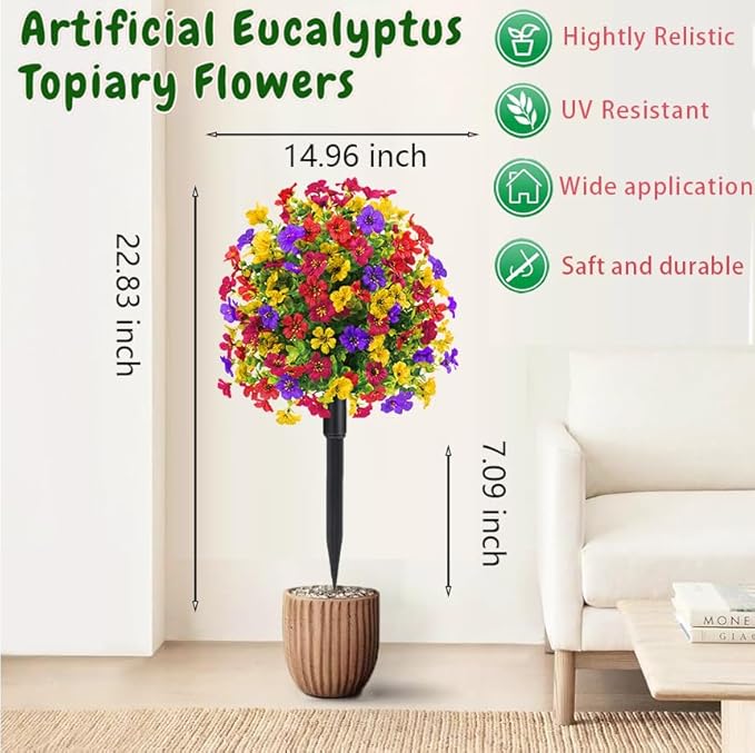 22.8" Set of 2 Fall Artificial Boxwood Topiary Ball with Spikes,UV Resistant Fake Outdoor shrubs with Violet Flowers, Realistic Faux Plants Bushes for Garden Front Porch Yard Patio Decor(Mixcolors)