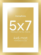 Homeforia 5x7 Picture Frame Gold, High End Metal 5 x 7 Gold Frames with Mat 4 x 6 for Print, 5by7 Desk Frame Matted to 4x6 inch Photo, 5 by 7 Wall or Tabletop Frame, Tempered Glass, Wall Kit, Set of 1