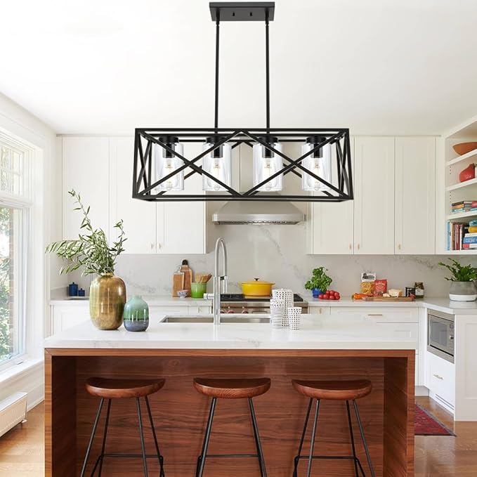 TODOLUZ 30.35” Dining Room Lighting Fixtures Hanging Black Finish 4-Lights Open Frame Farmhouse Chandelier Pendant Light for Kitchen Island Pool Table with Clear Glass