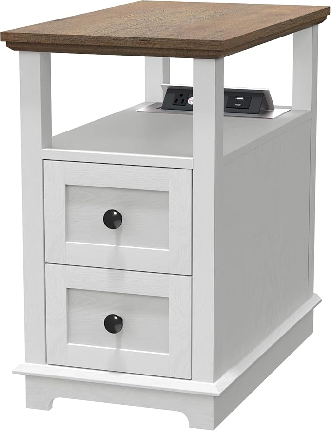 HIFYOBRO Narrow End Table with Flip Top Charging Station and 2 Drawers, Type-C & USB Port & Power outlets, Wooden Storage Cabinet, Side Table with Storage for Living Room and Bedroom (White)