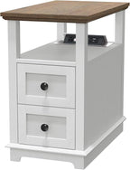 HIFYOBRO Narrow End Table with Flip Top Charging Station and 2 Drawers, Type-C & USB Port & Power outlets, Wooden Storage Cabinet, Side Table with Storage for Living Room and Bedroom (White)