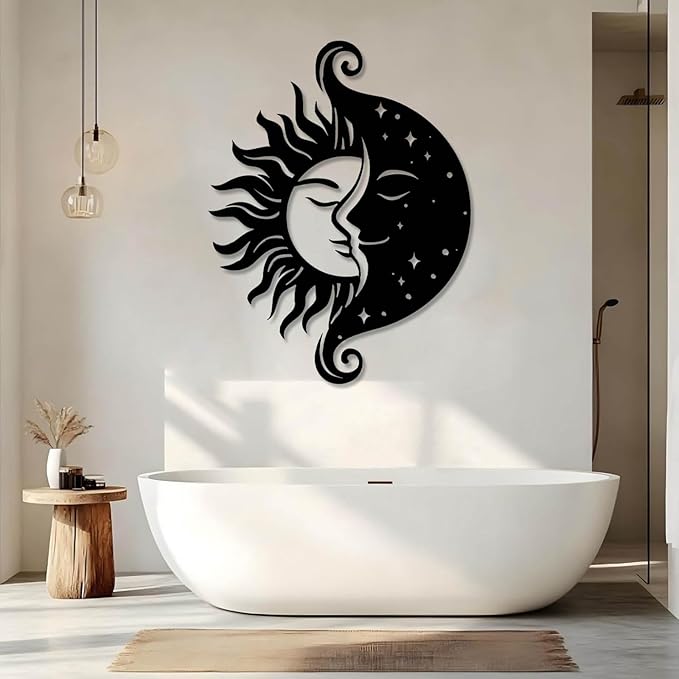 Tuglona Sun and Moon Metal Wall Art, Sun Metal Wall Decor, Moon Wall Art, Boho Wall Decor, Celestial Wall Decoration, Modern Celestial Wall Hanging, Bathroom Wall Hanging (White, 24"x18"/60x46cm)