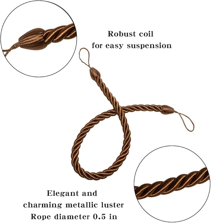 BEL AVENIR Curtain Ropes Tiebacks Tie-Backs, Curtain Handmade Holdbacks with 2 Metal Screw Hooks (Coffee, 2pack)