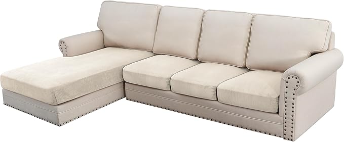 H.VERSAILTEX Velvet Stretch Sectional Couch Covers - 4 Piece Set, L Shape, Ivory Striped (Large Sofa 3 Seater + 1 Chaise)