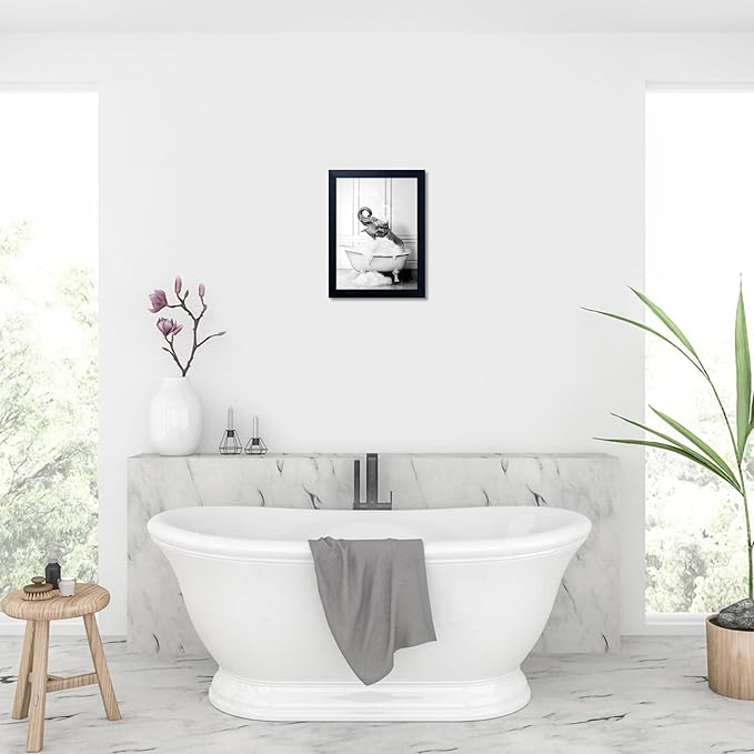 Framed Bathroom Art Wall Decor Elephant in Bathtub Decor Funny Black and White Animal Canvas Print Paintings for Bathroom