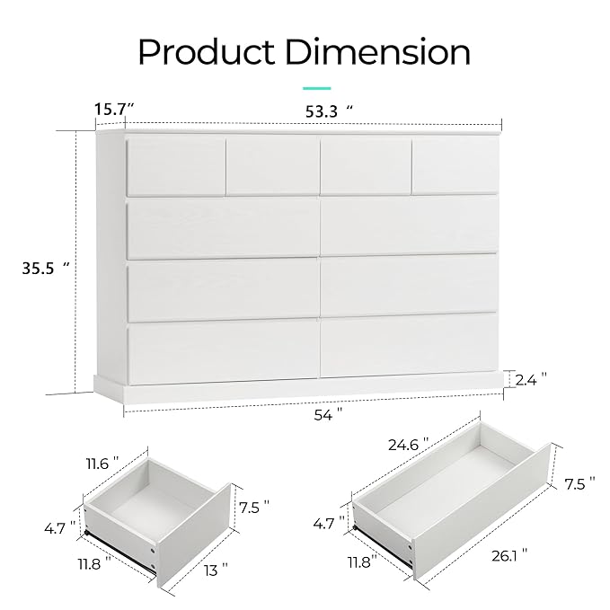 LINSY HOME 10 Drawer Dresser for Bedroom, 53" Wide Chest of Deep Drawers, Modern Farmhouse Wood Dressers with Storage, Large Drawer Organizer for Bedroom, Living Room, Handless Design, White