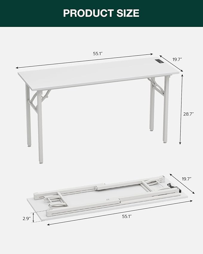 Frylr Small Folding Computer Desk – 55.1 Inch Portable Table for Craft and Study, Lightweight Desk for Small Spaces, Foldable Laptop Table Built-in AC/USB Outlets for Convenience, White