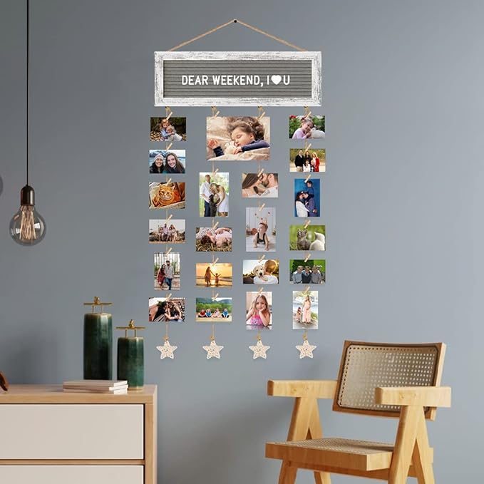 Picture Frames Collage Wall Decor Collage Picture Frames, Rustic Felt Letter Board with 340 Letters and 30 Clips, Unique DIY Multi Photo Frame for Dorm Room Decor Family Birthday Gifts