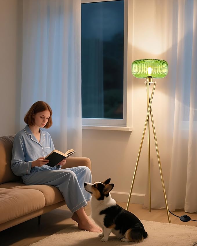 Lightdot Glass Tripod Floor Lamp for Living Room, Modern Gold Standing Lamp with Green Ribbed Glass Lampshade, Arc Tall Lamp for Bedroom Office Reading Room, (LED Bulb Included)
