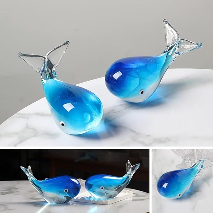 Crystal Whale Figurine Hand Blown Glass Whale Statue Collectibles Art Glass Sea Animal Paperweight Home Table Decor Gift Blue 5.1''