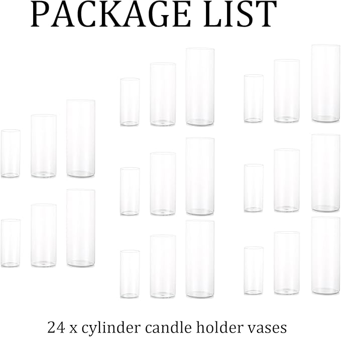 Glass Hurricane Candle Holder Esmiome - Cylinder Vases for Centerpieces 8 Sets (24Pcs) Hurricane Floating Candle Holder, Glass Vases for Flowers, Decorative for Home Wedding, 6'' + 8'' +10''(High)