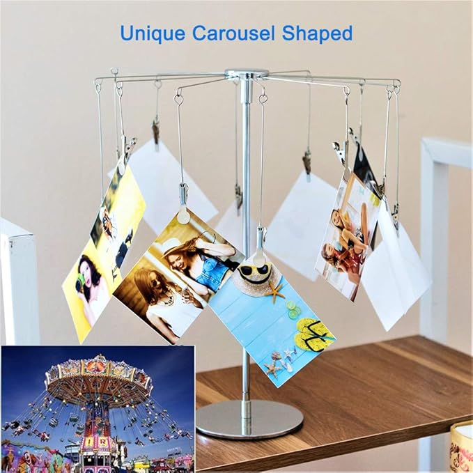 Mollytek Desktop Photo Holder With Clips Postcard Gift Card Picture Display Stand Decor Photo Tree Stand for Table Display Carousel Romantic Design with Plated Wire and 12 Photo Metal Clips