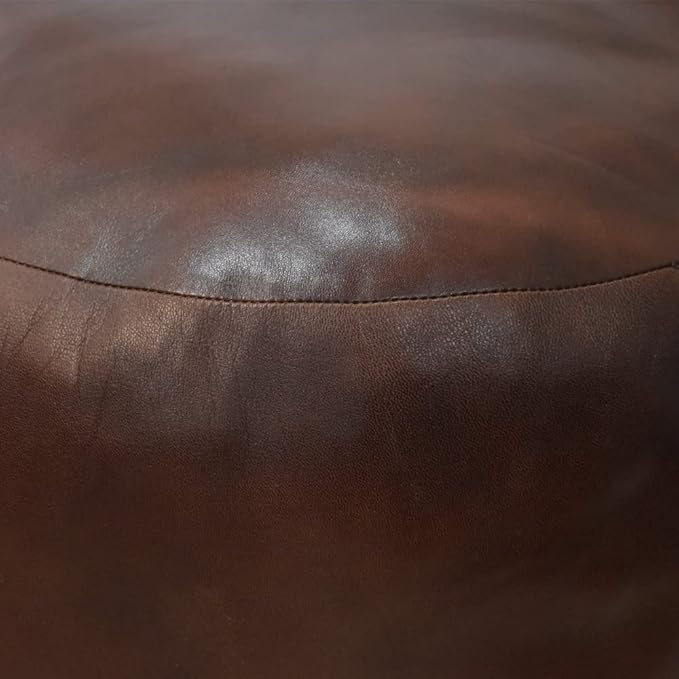 Round Shaped Goat Leather Handmade Eco-Friendly Brown Pouf - 18" x 18" x 18", Plain Solid, Recycled Cotton Filled Stuffed Leather Seating PF12