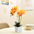 Artificial Potted Orchid Faux Phalaenopsis Silk Flowers Bonsai Realistic Arrangement in Silver Vase for Home Decoration Table Centerpiece, Orange