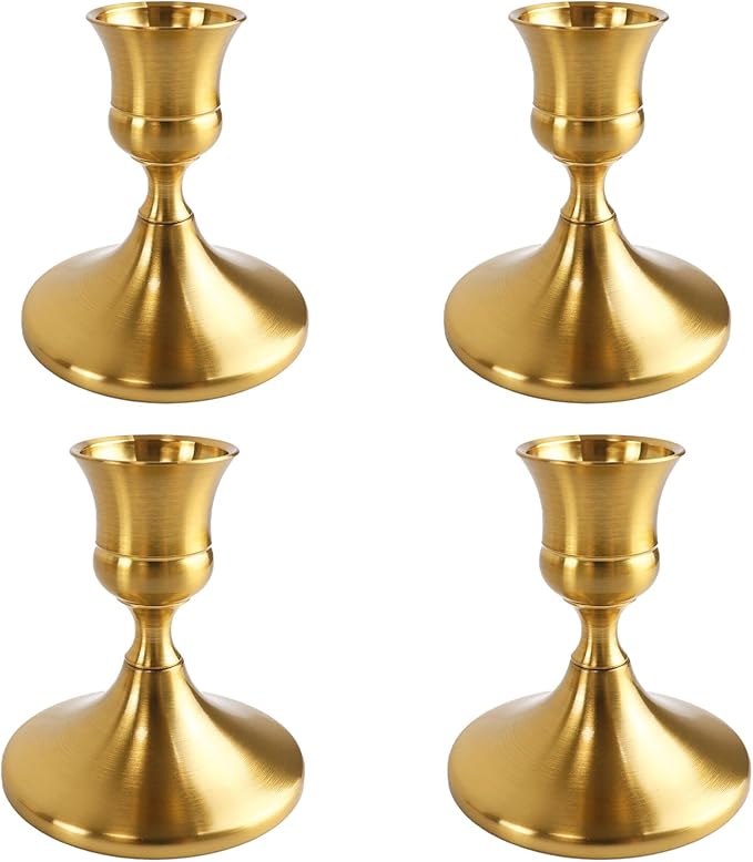 Vintage Brass Gold Taper Candle Holders Set of 4, Metal Candlestick Holders Elegant Handcrafted Décor for Weddings, Dining & Meditation,Table Centerpiece, Party, Christmas Decoration or Home Decor
