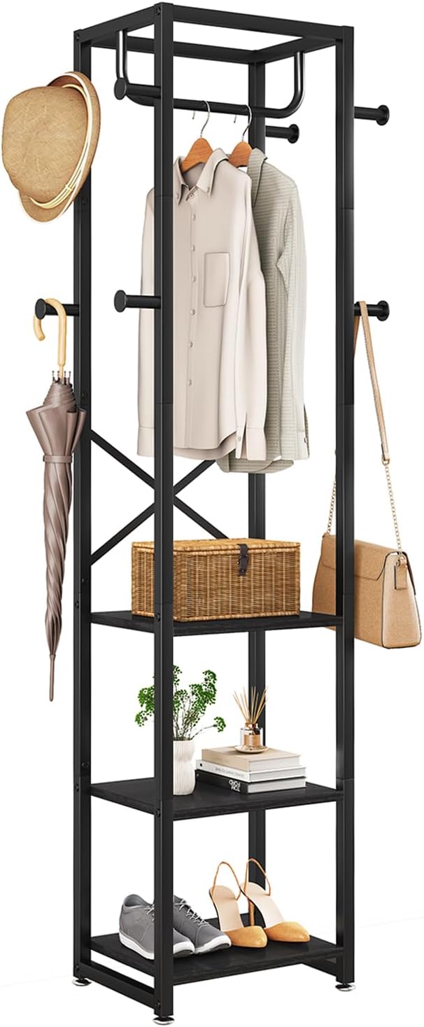 IBUYKE Coat Rack with Shelves, Freestanding Hall Tree with 3 Shelves and 8 Hooks, Industrial Clothes Stand for Entryway, Hallway, Bedroom, Black UTMJ088B