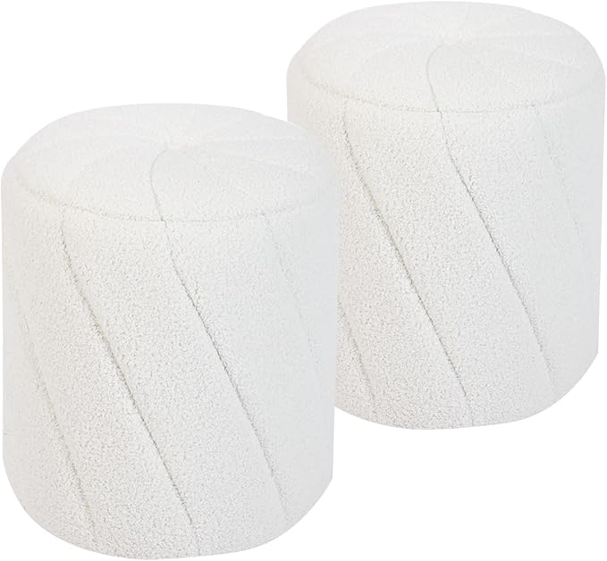 Modern Round Ottoman 2Pcs, Spiral-Tufted Foot Stool Ottoman, Teddy Fleece Upholstered Vanity Stool for Makeup, Bedroom, Living Room, White