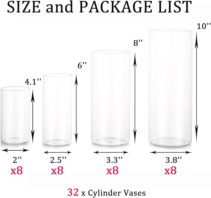 Glass Hurricane Candle Holder Esmiome - Cylinder Vases for Centerpieces 8 Sets (32Pcs) Hurricane Floating Candle Holder, Glass Vases for Flowers, Decorative for Home Wedding, 4''+6''+8'+10''(High)