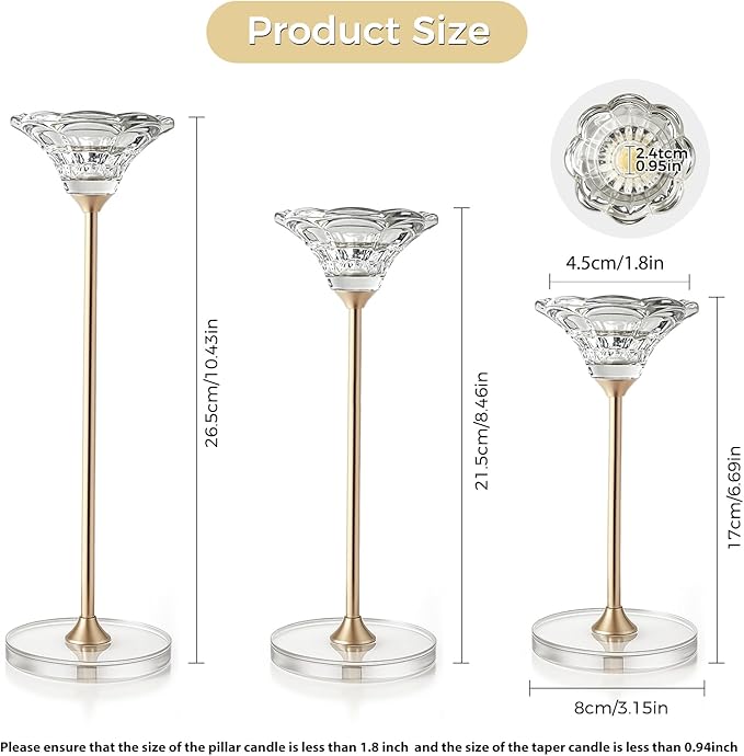 Candlestick Holders, Crystal 2 in 1 Taper and Pillar Candle Holders, Set of 3 Clear Glass Candle Holder, Decorative Candle Holder Candelabra for Home Decor, Wedding, Party, Anniversary