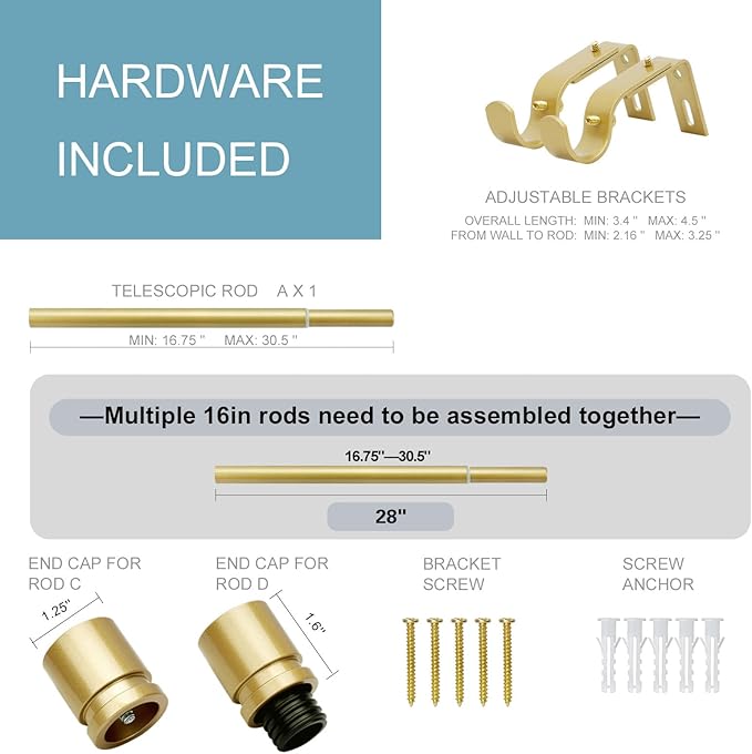 Curtain Rods for Windows 16 to 28 Inches Adjustable Length 1 Inch Diameter Window Curtain Rod with Aluminium Finials, Flash Gold