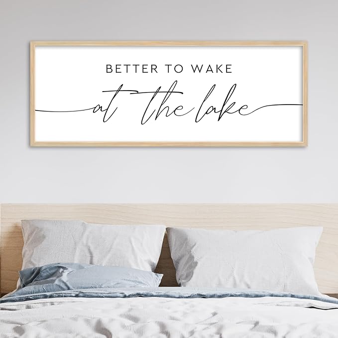 SRSZHIYUE Better To Wake At The Lake Wall Decor Above Bed Sign 32"×12" for Lake House Bedroom Over Bed Large Wood Framed Wall Hanging Art (Wood)