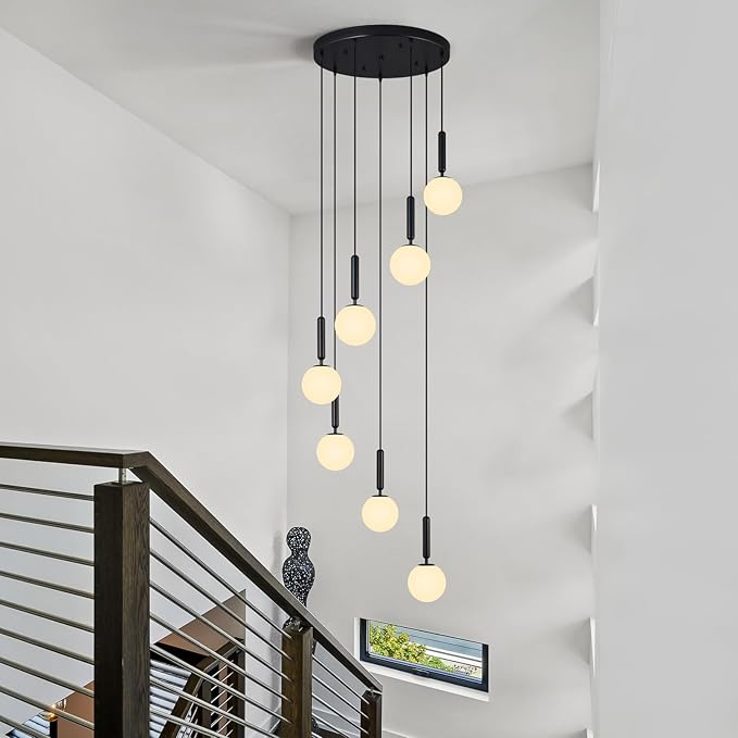 7-Lights Black Chandelier with Milk White Glass Hanging Fixture Light for Kitchen Island Mid Century Modern Globe Pendant Light for Foyer Living Room Entryway Hallway