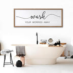 Wash Your Worries Away Wall Art Sign 32"×12" Laundry Room Large Wood Framed Restroom Toilet Wall Decor Hanging (Wood)