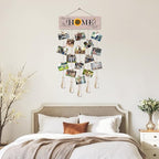 Bless This Home with Love and Laughter Hanging Photo Display Board with 16 Clips 5 Strings,Rustic Style Picture Collage Frames Wall Decor Wood Hanging for Home Décor,Housewarming Gifts