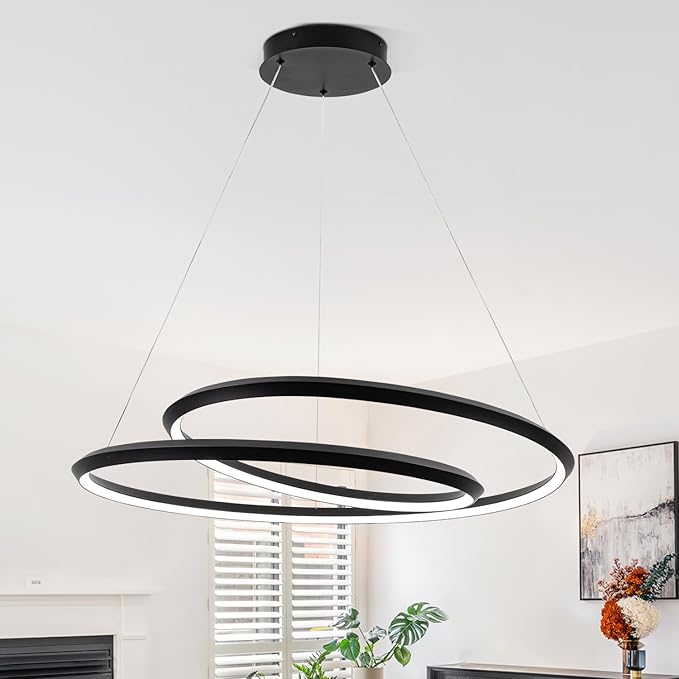 Pendant Light Fixtures with Irregular Ring, 31.49″Black Dining Room Light Fixture Dimmable Color 3000K-6500K, High Ceiling Chandelier Foyer Chandelier for Dining Room, Living Room, Bedroom
