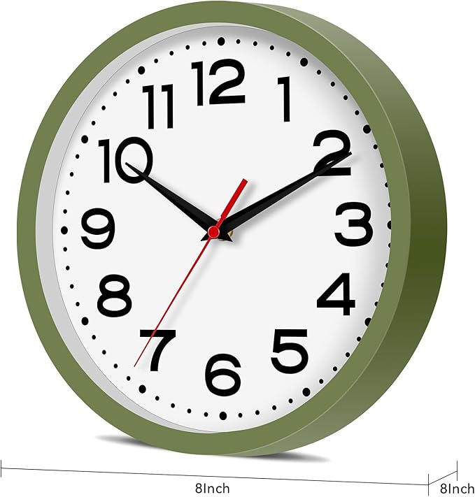 Wall Clock Silent Non-Ticking Modern Clock Battery Operated 8 Inch Small Classic Analog Decorative for Kitchen, Bathroom, Office, Bedroom, Home(Green)