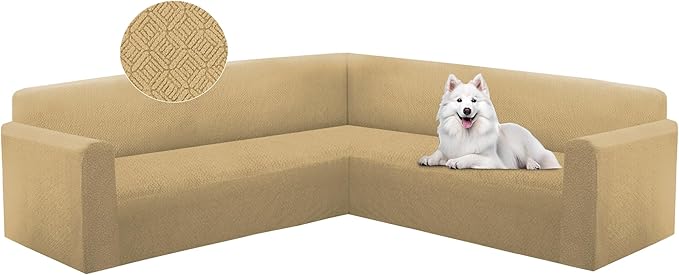 HDCAXKJ Sectional Couch Cover L Shape Stretch Sofa Covers Washable Jacquard Corner Couch Slipcover Non Slip Sectional Slip Cover U Shaped Furniture Protector for Pets Dogs (Tan, Large)