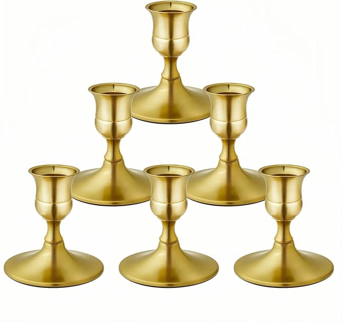 Vintage Brass Gold Taper Candle Holders, Set of 6, Metal Taper Candlestick Holder for Dinner Room Table Centerpiece, Wedding Reception, Festive,Mantel Decoration, Home Decor (Brass Gold, Set of 6)