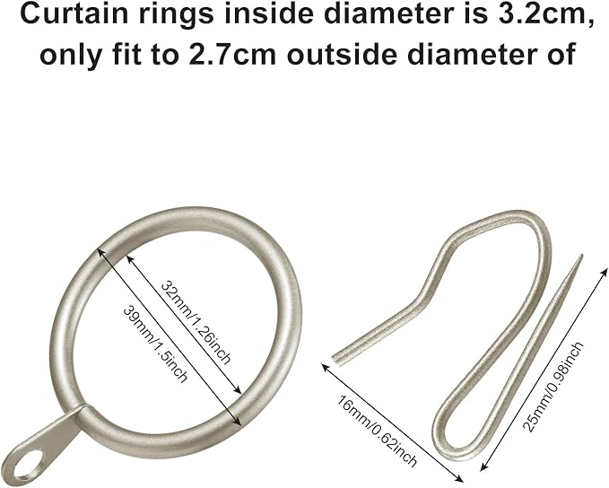 Hotop 30 Pcs Metal Drapery Curtain Rings 0.98/1.26/1.65 inch Interior Diameter and 30 Pcs Hanging Curtain Drapery Pin Hooks for Window Door Shower(32 mm,Champagne Gold)
