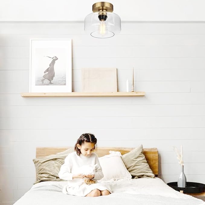 Industrial Semi Flush Mount Ceiling Light Brass, 800 Lumen LED Bulb Included, Clear Glass Shade Ceiling Light Fixture, Light Fixture for Hallway Bathroom Bedroom, Vintage Hanging Light Fixtures