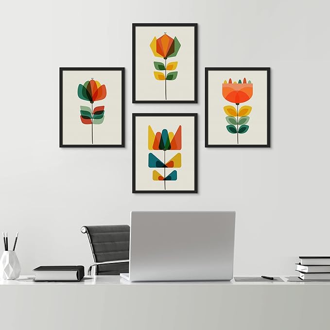 SIGNWIN Framed Mid-Century Modern Retro Botanical Flower Garden Wall Art, Set of 4 Abstract Geometric Wall Decor Prints, Nature Wilderness Wall Décor for Living Room, Bedroom - 11"x14" Black