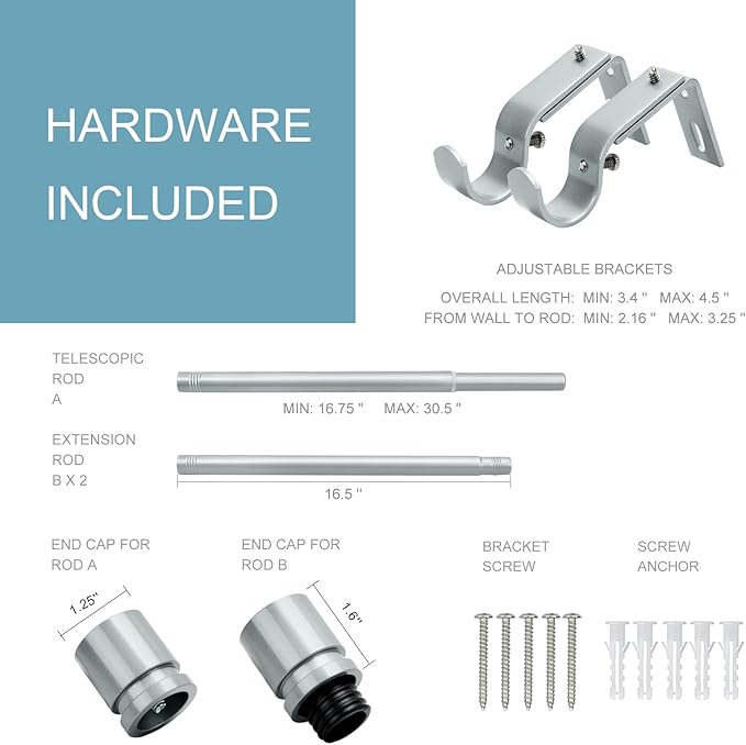Curtain Rods for Windows 16 to 48 or 60 Inches Max Adjustable Length 1 Inch Diameter Window Curtain Rod with Aluminium End Cap, Silver Gray