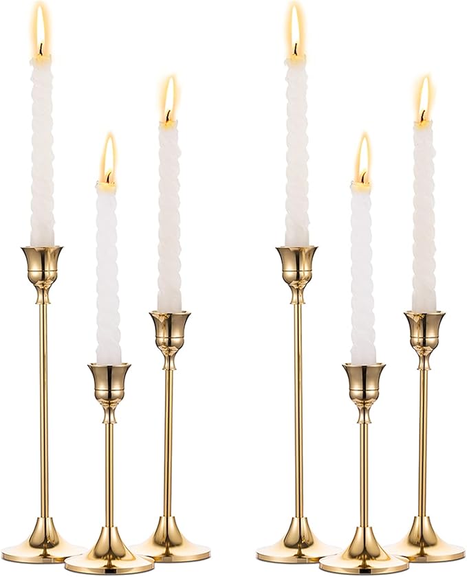 2 Sets(6 Pcs) Brass Gold Metal Taper Candle Holders Candlestick Holders, Vintage Modern Decorative Centerpiece Candlestick Holders for Table Mantel Wedding Housewarming Gift