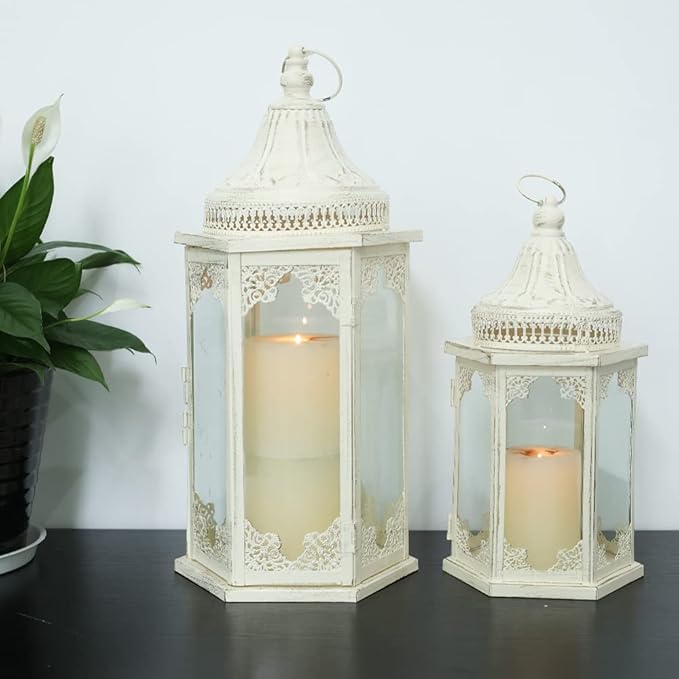 NEEDOMO Lanterns Decorative Outdoor & Indoor, Set of 2 Outdoor Lanterns for Porch,Large Candle Lantern, Beige Metal Frame with Glass for Fall, Christmas