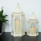 NEEDOMO Lanterns Decorative Outdoor & Indoor, Set of 2 Outdoor Lanterns for Porch,Large Candle Lantern, Beige Metal Frame with Glass for Fall, Christmas