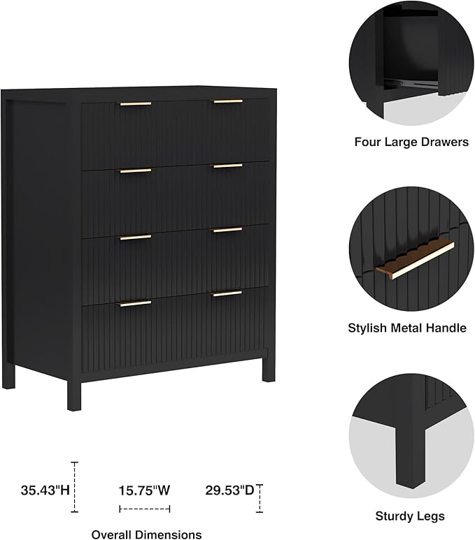 4 Drawer Dressers for Bedroom, Modern Closet Chest of Drawers with Waveform Fluted Panel, Large Wood Storage Dresser Organizer for Nursery Bedroom Living Room Hallway Closet, Black