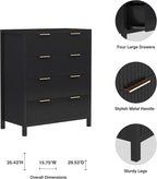 4 Drawer Dressers for Bedroom, Modern Closet Chest of Drawers with Waveform Fluted Panel, Large Wood Storage Dresser Organizer for Nursery Bedroom Living Room Hallway Closet, Black